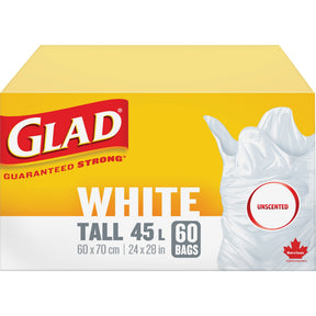 Glad Tall 45L Unscented Garbage Bags, Regular, 24" W x 28" L, White