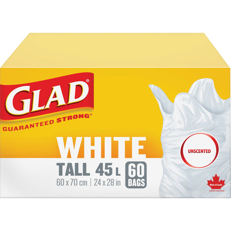 Glad Tall 45L Unscented Garbage Bags, Regular, 24" W x 28" L, White