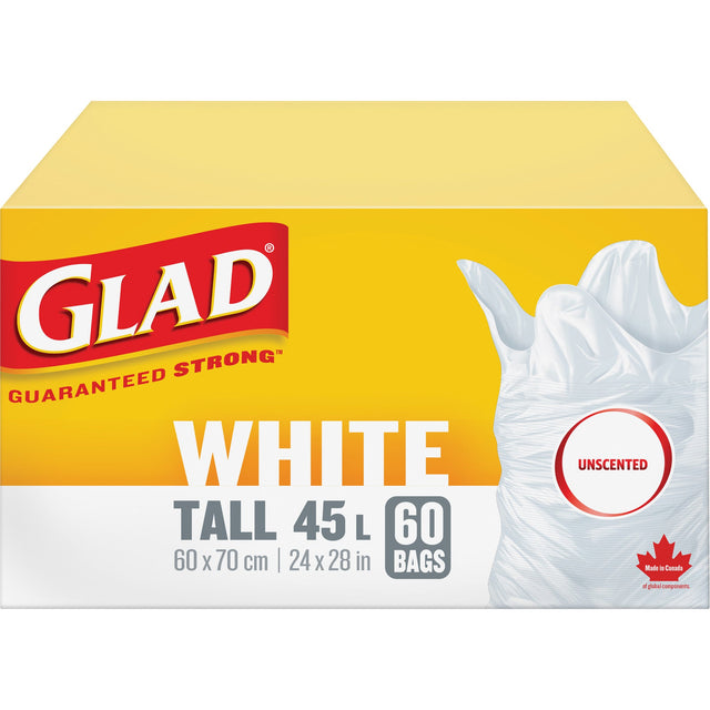 Glad Tall 45L Unscented Garbage Bags, Regular, 24" W x 28" L, White
