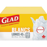 Glad Tall 45L Unscented Garbage Bags, Regular, 24" W x 28" L, White