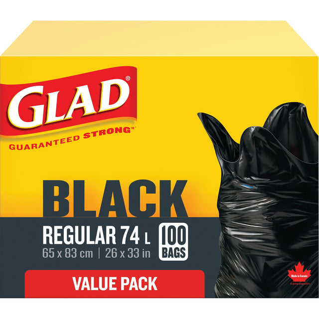 Glad 74L Garbage Bags, Regular, 26" W x 33" L, Black