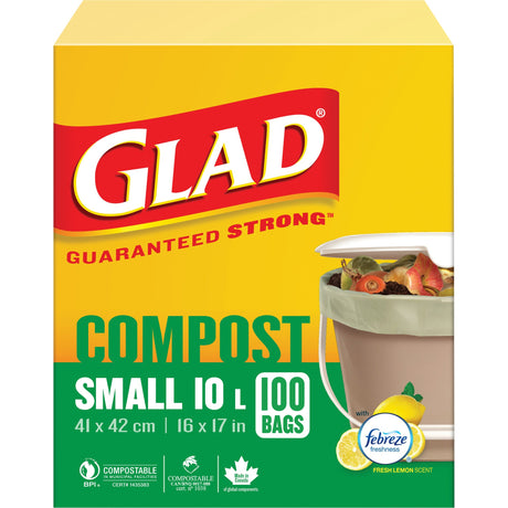Glad Small Compostable Bags, Regular, 17" L x 16" W, Brown, 10 L (3 Gal.) Capacity