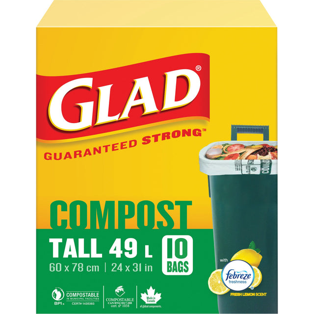 Glad Tall Compostable Bags, Regular, 31" L x 24" W, Brown, 49 L (13 Gal.) Capacity
