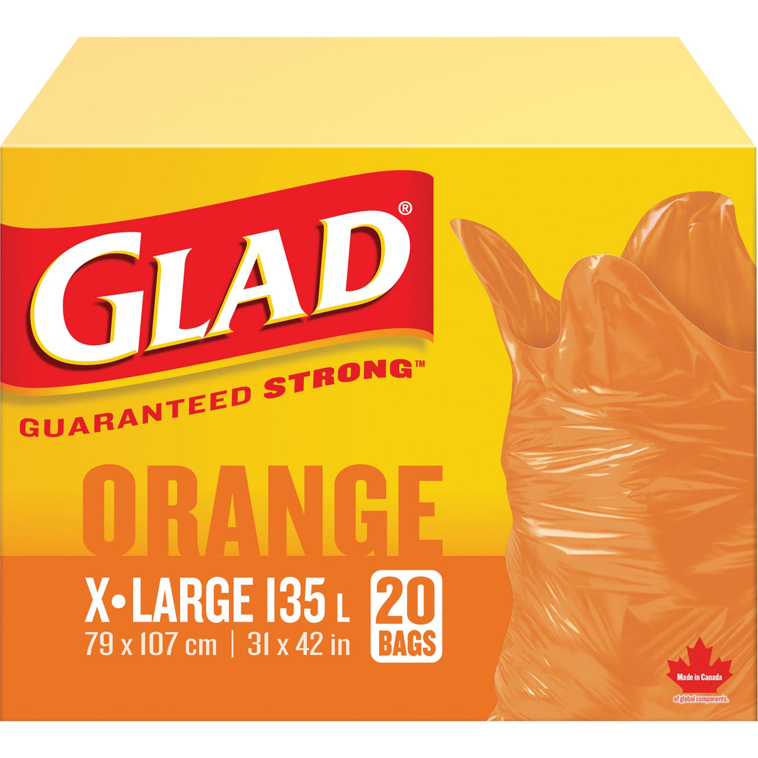 Glad 135L Garbage Bags, Regular, 31" W x 42" L, Orange