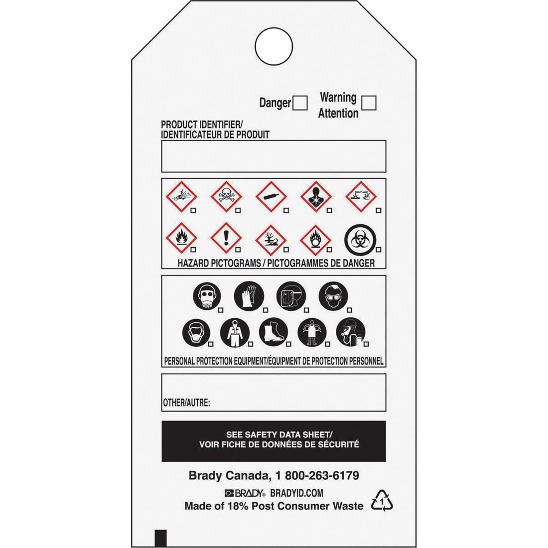 Brady OTS WHMIS Self-Laminating Tag, Vinyl, Sheet, 3-3/4" L x 5" W
