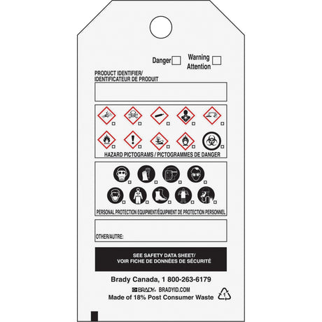 Brady OTS WHMIS Self-Laminating Tag, Vinyl, Sheet, 3-3/4" L x 5" W