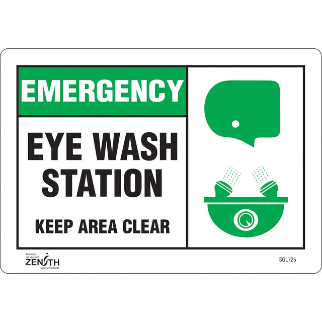 Zenith "Eye wash Station Keep Area Clear" Sign, 7" x 10", Vinyl, English with Pictogram