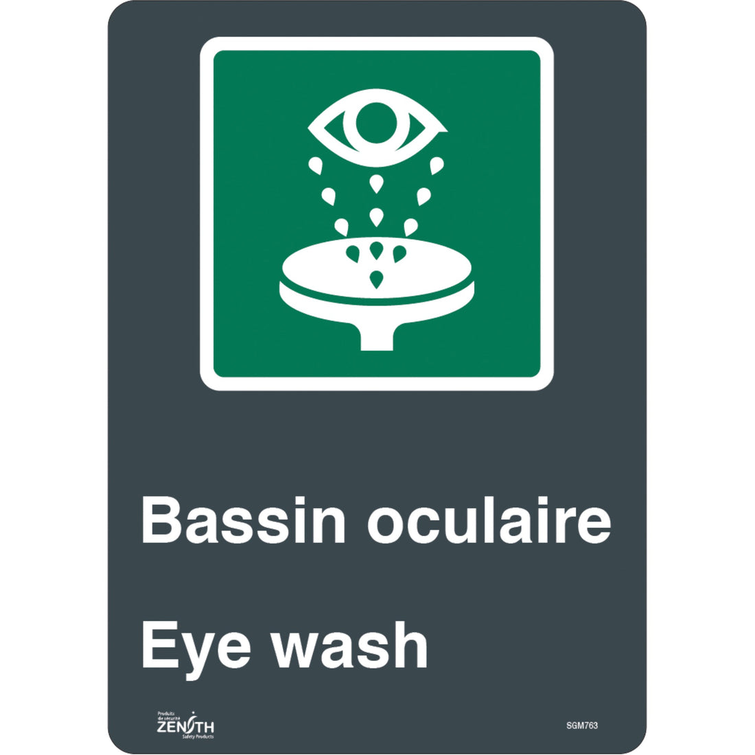Zenith "Bassin Oculaire/Eye Wash" Sign, 14" x 10", Vinyl, Bilingual with Pictogram