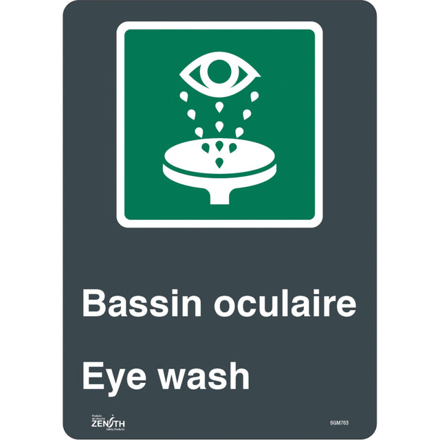 Zenith "Bassin Oculaire/Eye Wash" Sign, 14" x 10", Vinyl, Bilingual with Pictogram