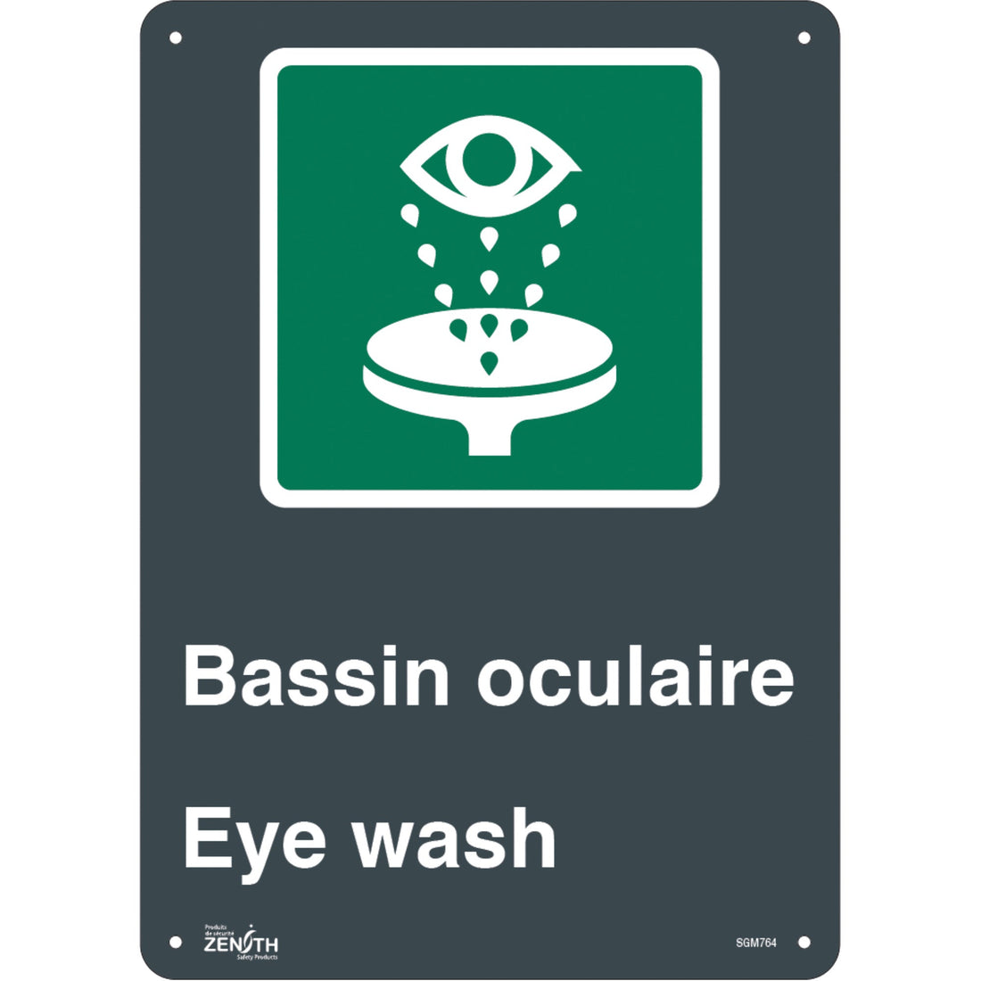Zenith "Bassin Oculaire/Eye Wash" Sign, 14" x 10", Plastic, Bilingual with Pictogram