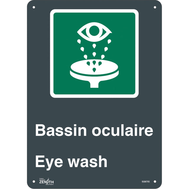 Zenith "Bassin Oculaire/Eye Wash" Sign, 14" x 10", Aluminum, Bilingual with Pictogram