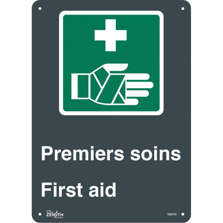 Zenith "Premier Soins/First Aid" Sign, 14" x 10", Aluminum, Bilingual with Pictogram