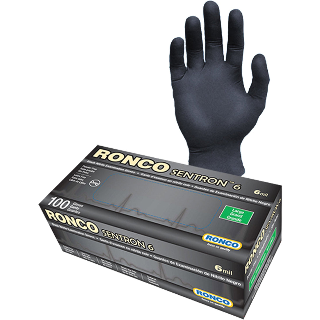 Ronco Sentron 6 Disposable Examination Gloves, Nitrile, 6-mil, Powder-Free, Black, Class 2