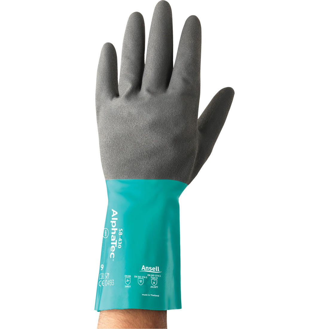 Ansell AlphaTec 58-430 Series Chemical Resistant Gloves, 13" L, Nitrile, Cotton/Flock-Lined Inner Lining, 10-mil