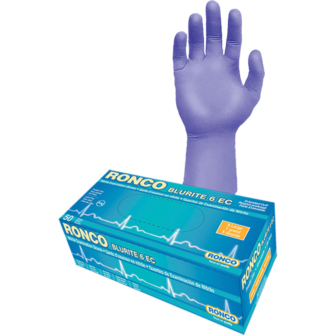 Ronco Blurite 6 EC Extended Cuff Examination Gloves, Nitrile, 6-mil, Powder-Free, Purple, Class 2