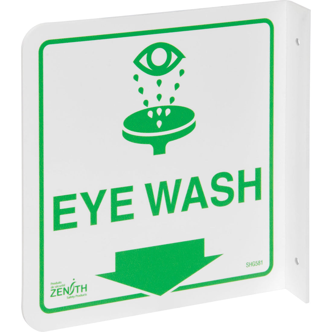 Zenith 90° Projecting "Eye Wash" Sign, 8" x 8", Plastic, English with Pictogram