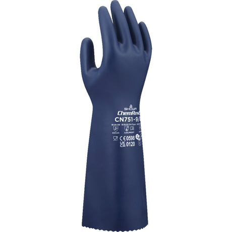 Showa CN751 Chemical-Resistant Gloves, Size Large/9, 15" L, Nitrile, 18-mil